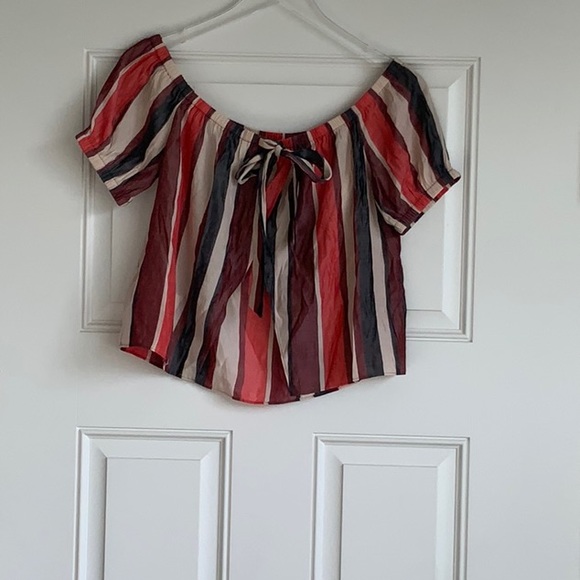 EXPRESS Multicolor Off the Shoulder Striped Crop Top, Short Sleeve Tie Back NWT - Picture 2 of 6